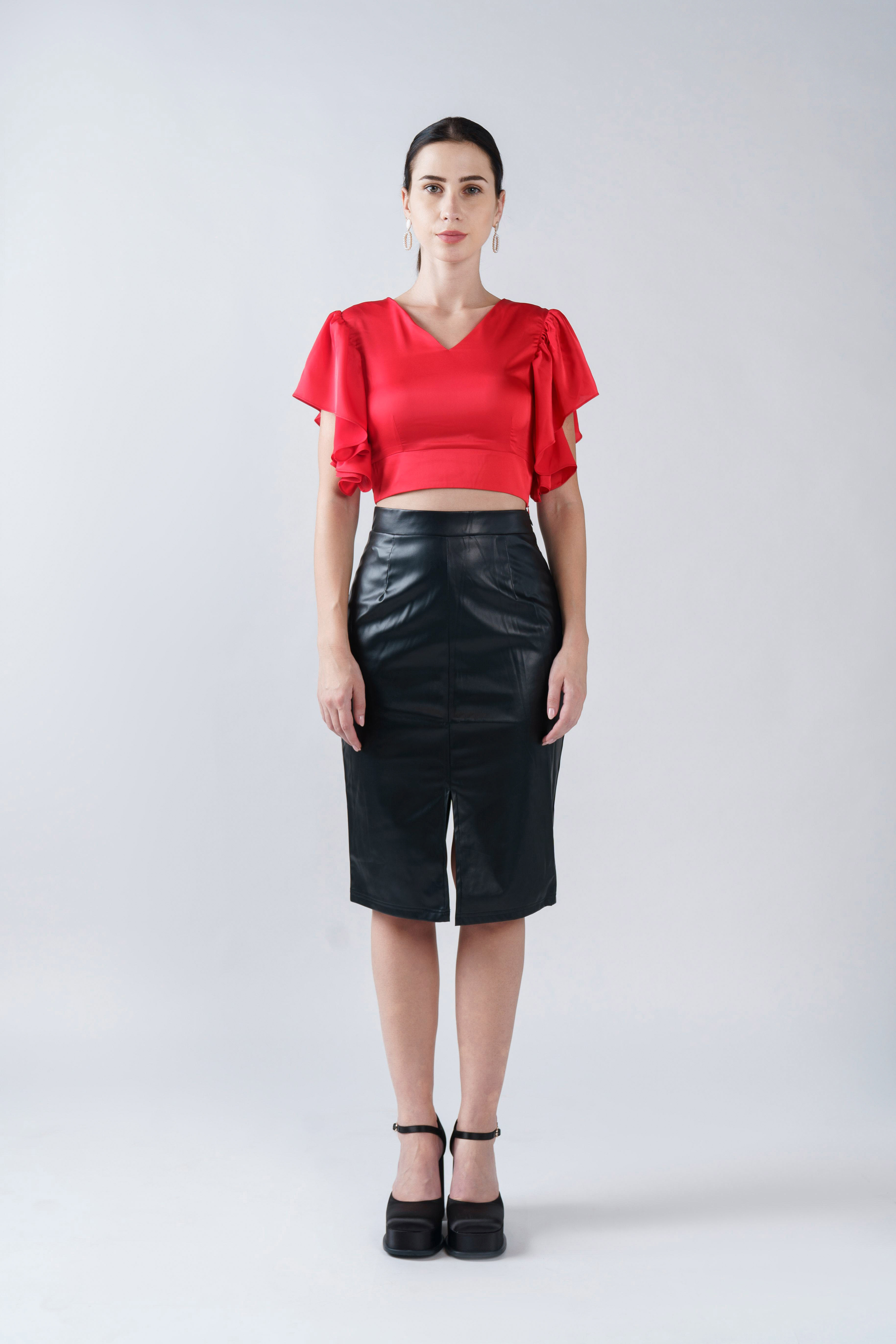 Crop Top With Flounce Sleeve Red -1