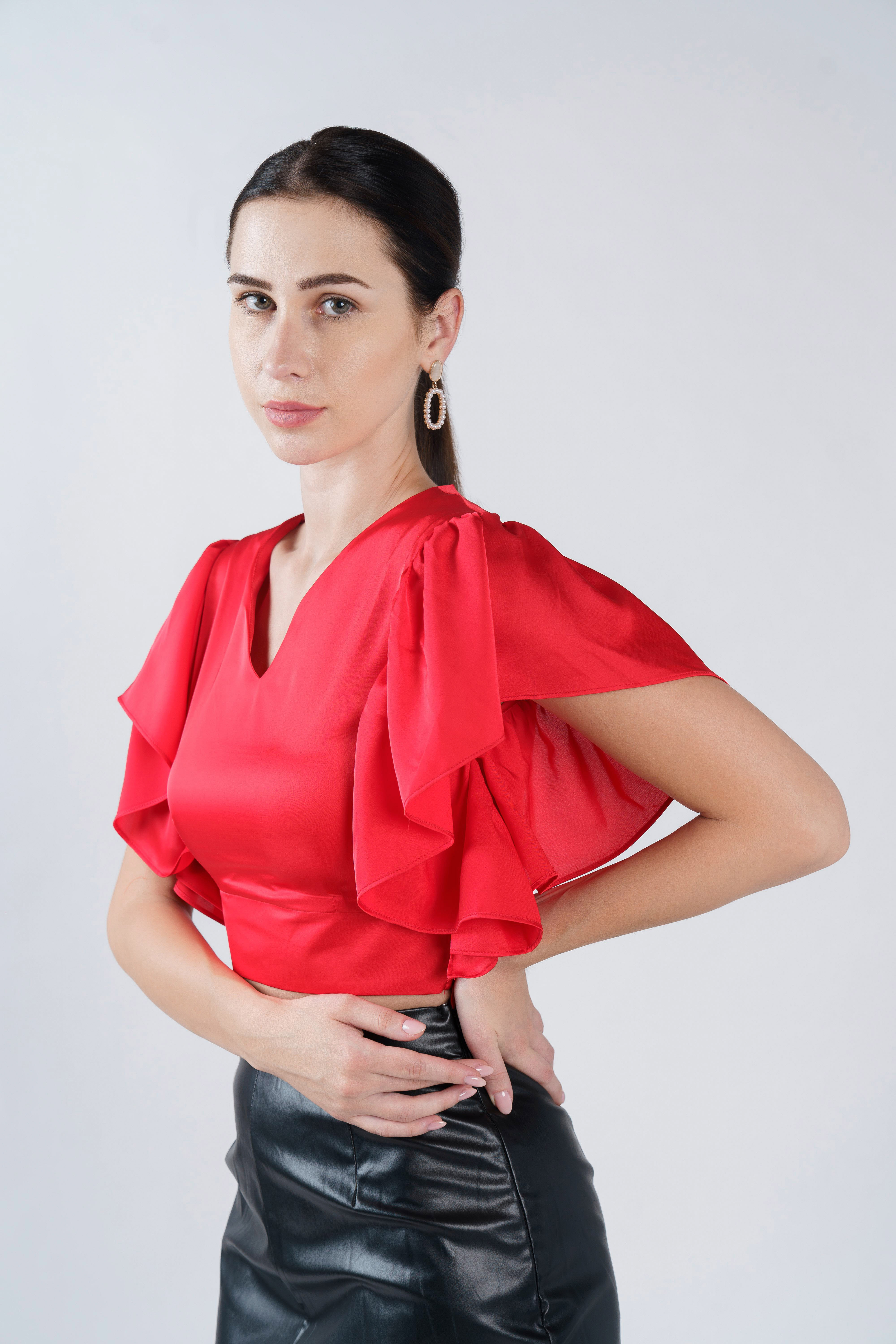 Crop Top With Flounce Sleeve Red -3