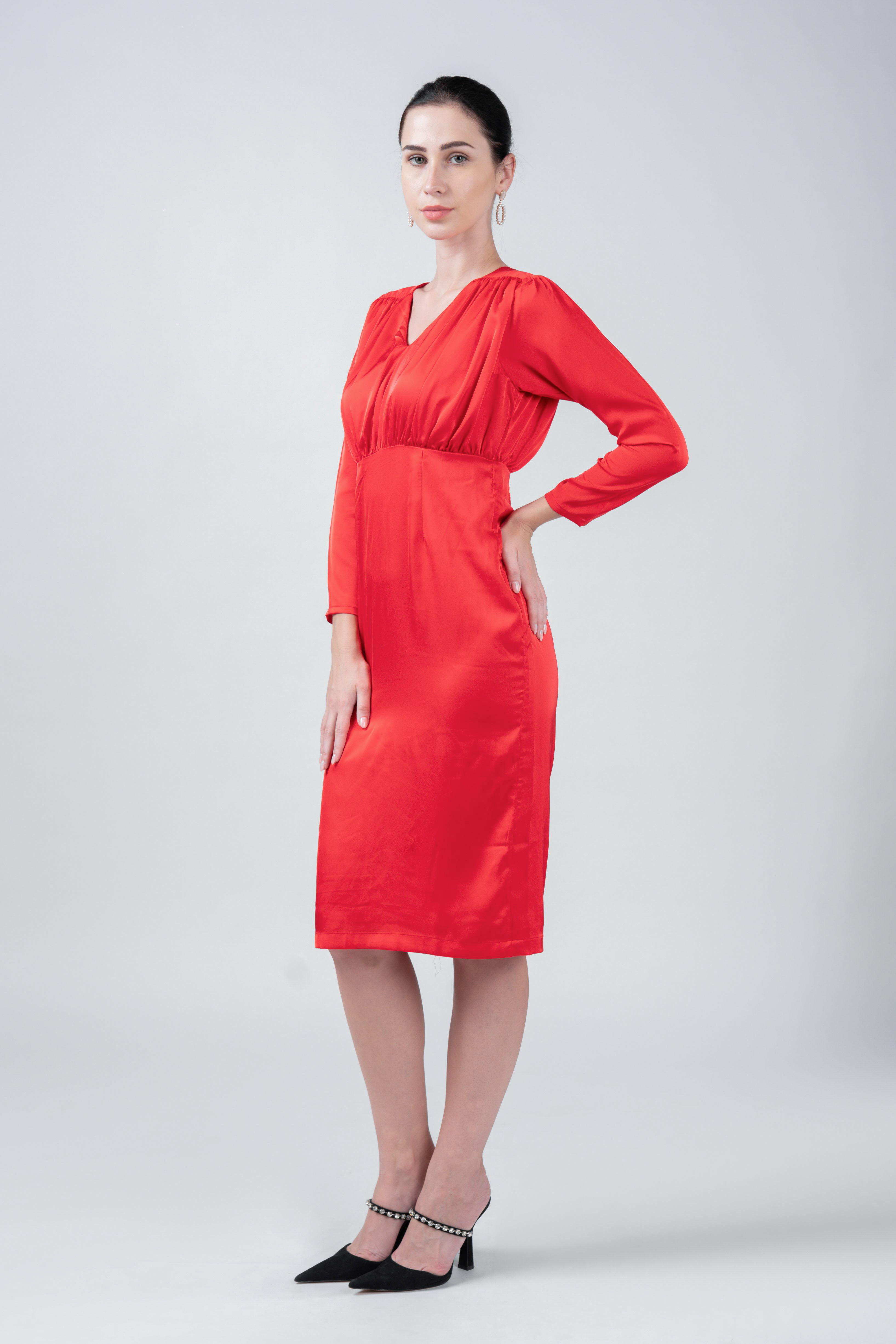 Gathered Fitted Calf Length Dress Red -2