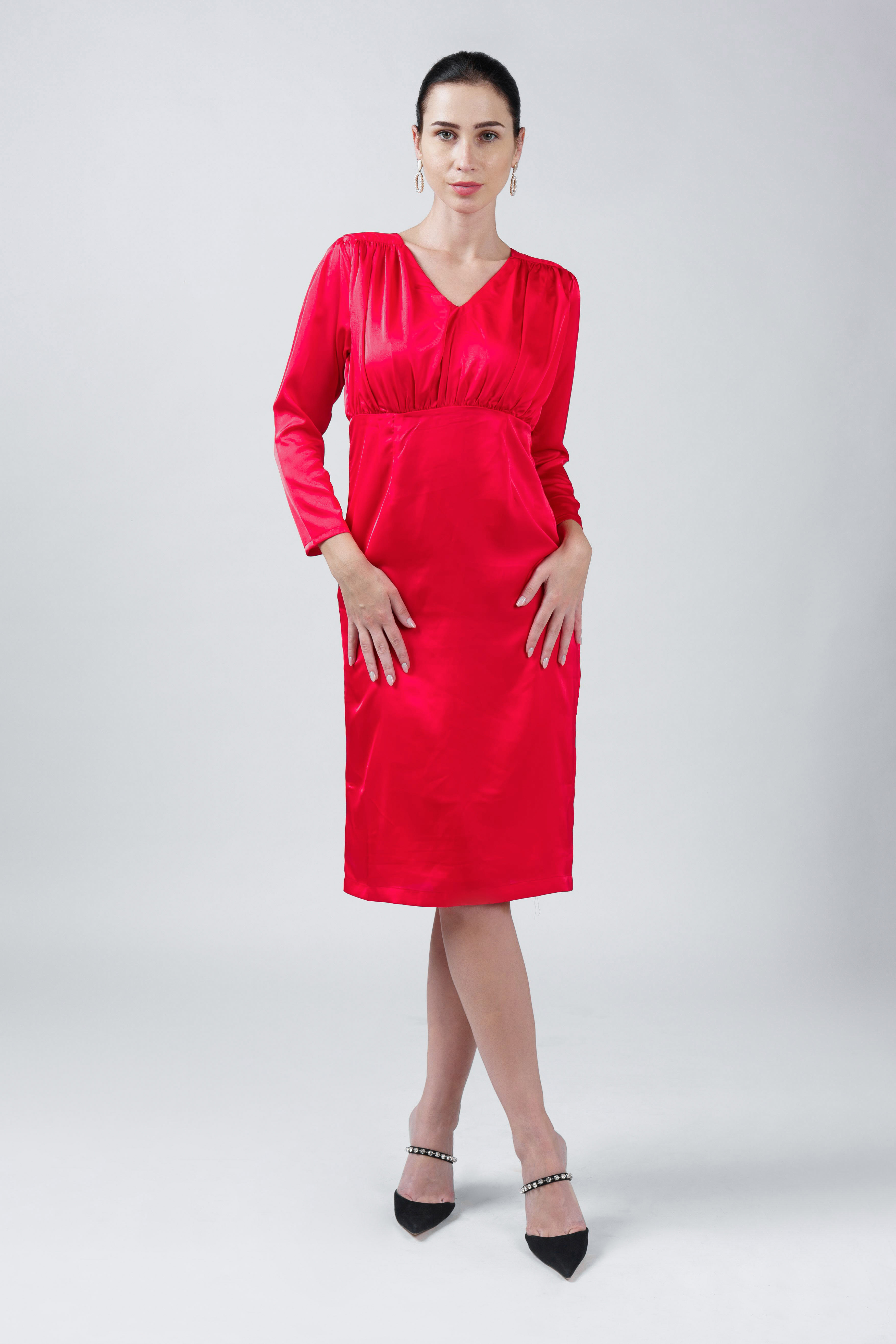 Gathered Fitted Calf Length Dress Red -1