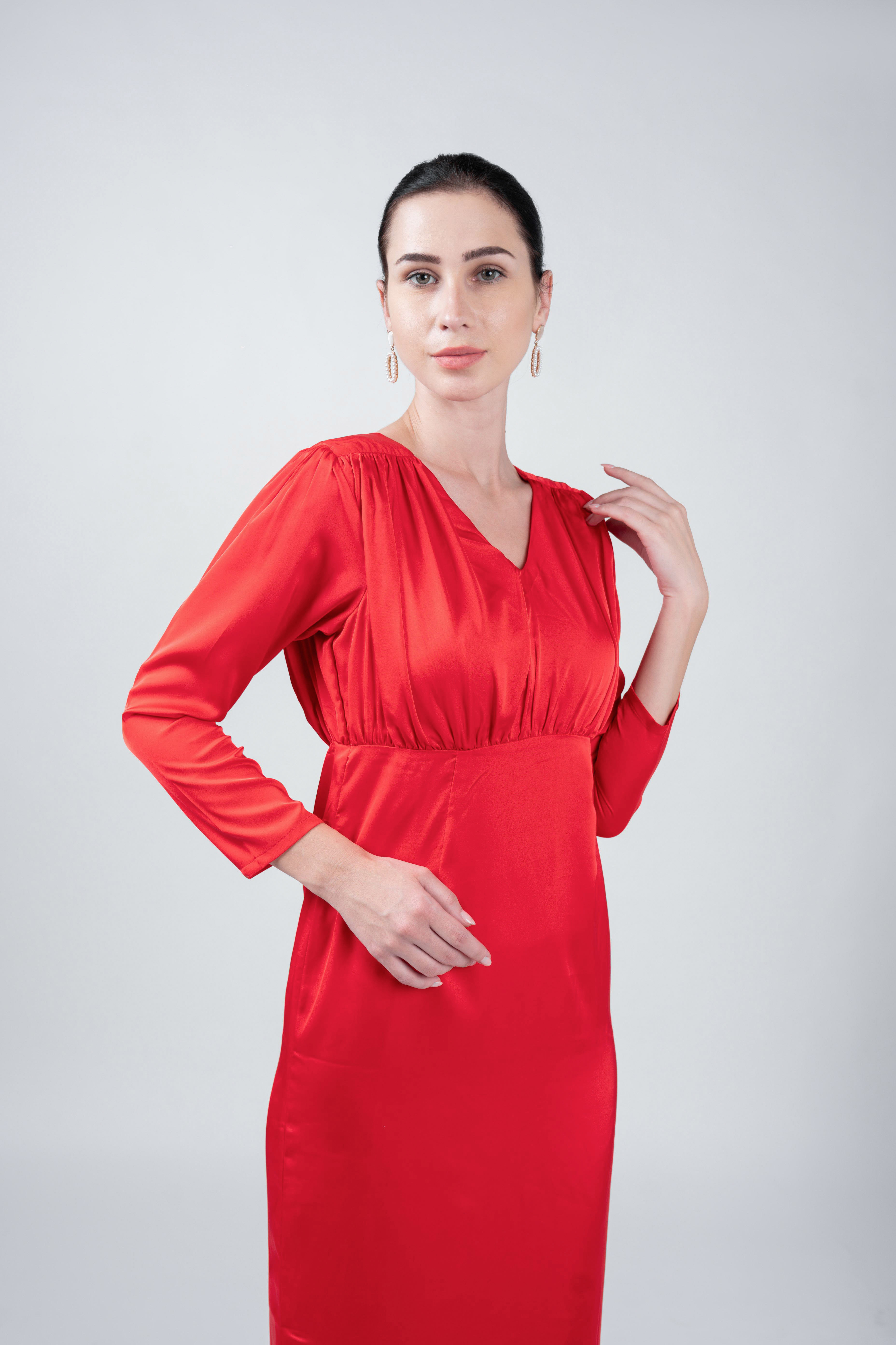 Gathered Fitted Calf Length Dress Red -5