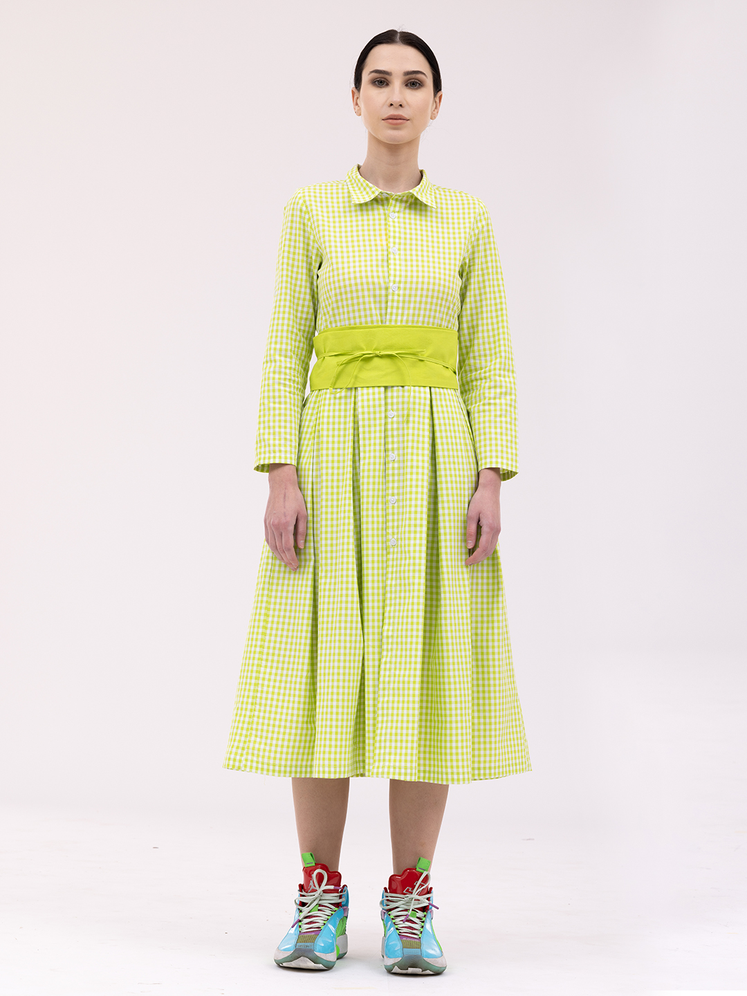 Shirt Collar Pleated Dress - Front