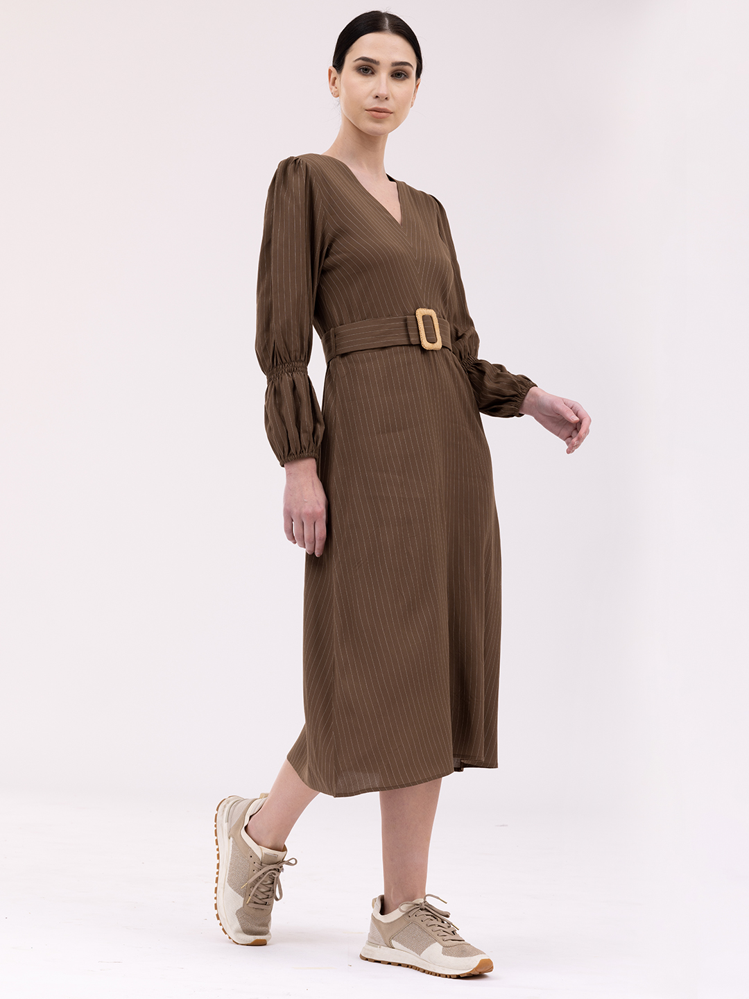 Rafia Belted Summer Brown Striped Dress -2