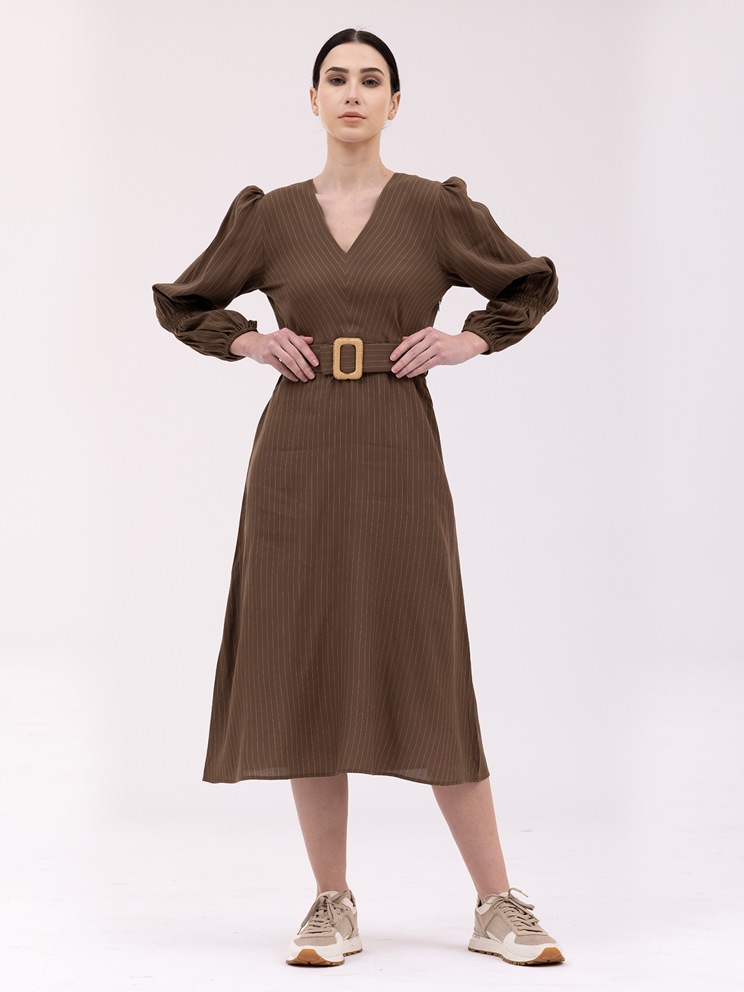 Rafia Belted Summer Brown Striped Dress -1