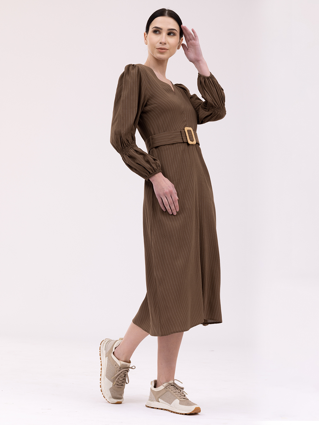 Rafia Belted Summer Brown Striped Dress -3
