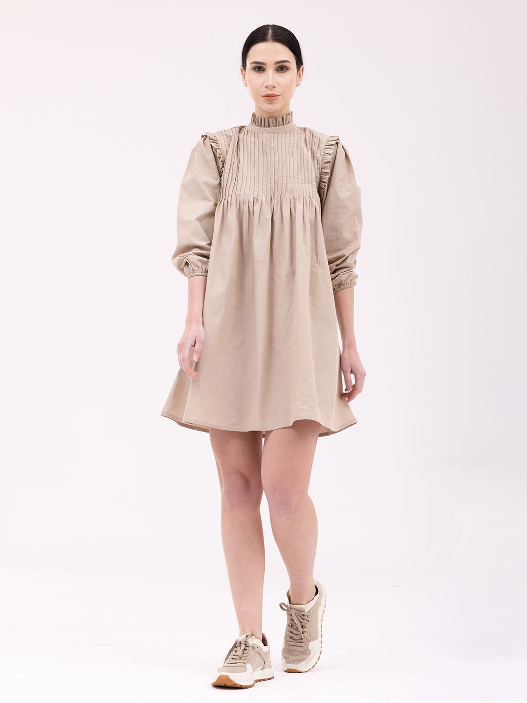 Beige Pintuck Mini Dress -0