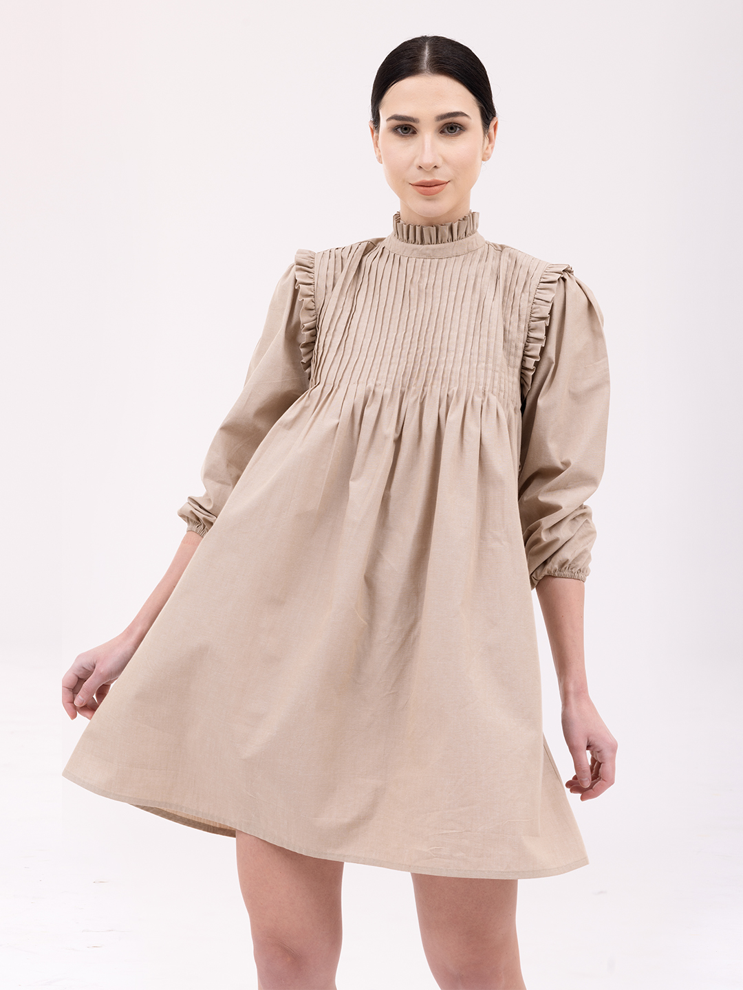 Beige Pintuck Mini Dress - Front