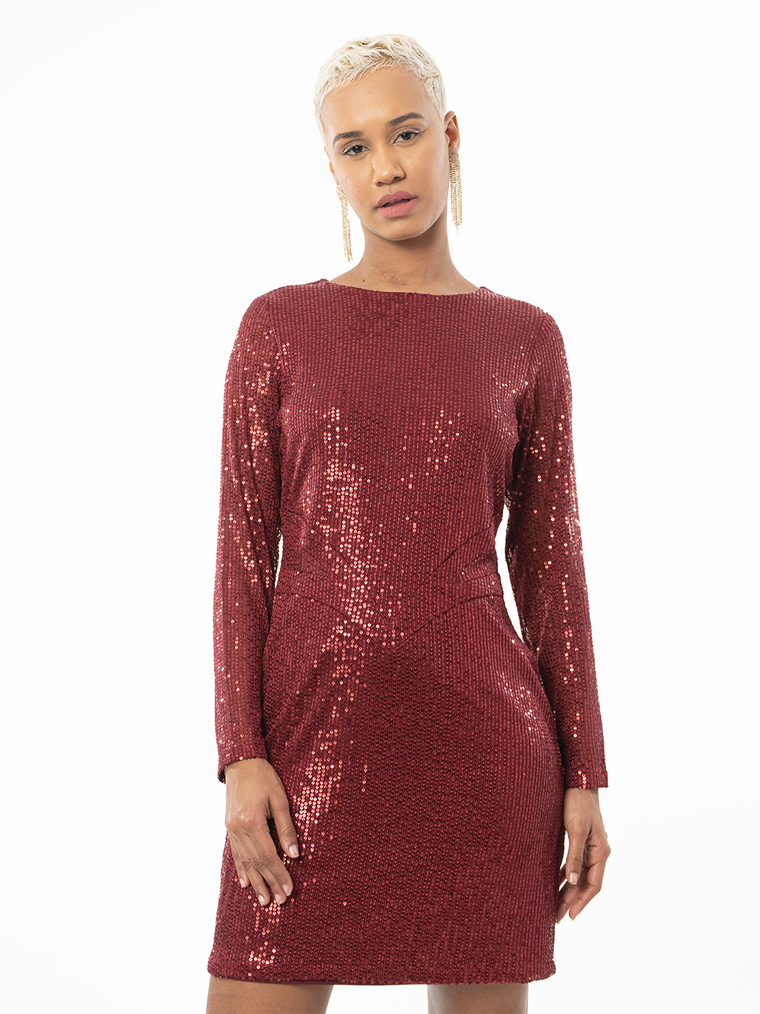 Sheer Cut Out Bodycon Burgundy Dress - Front
