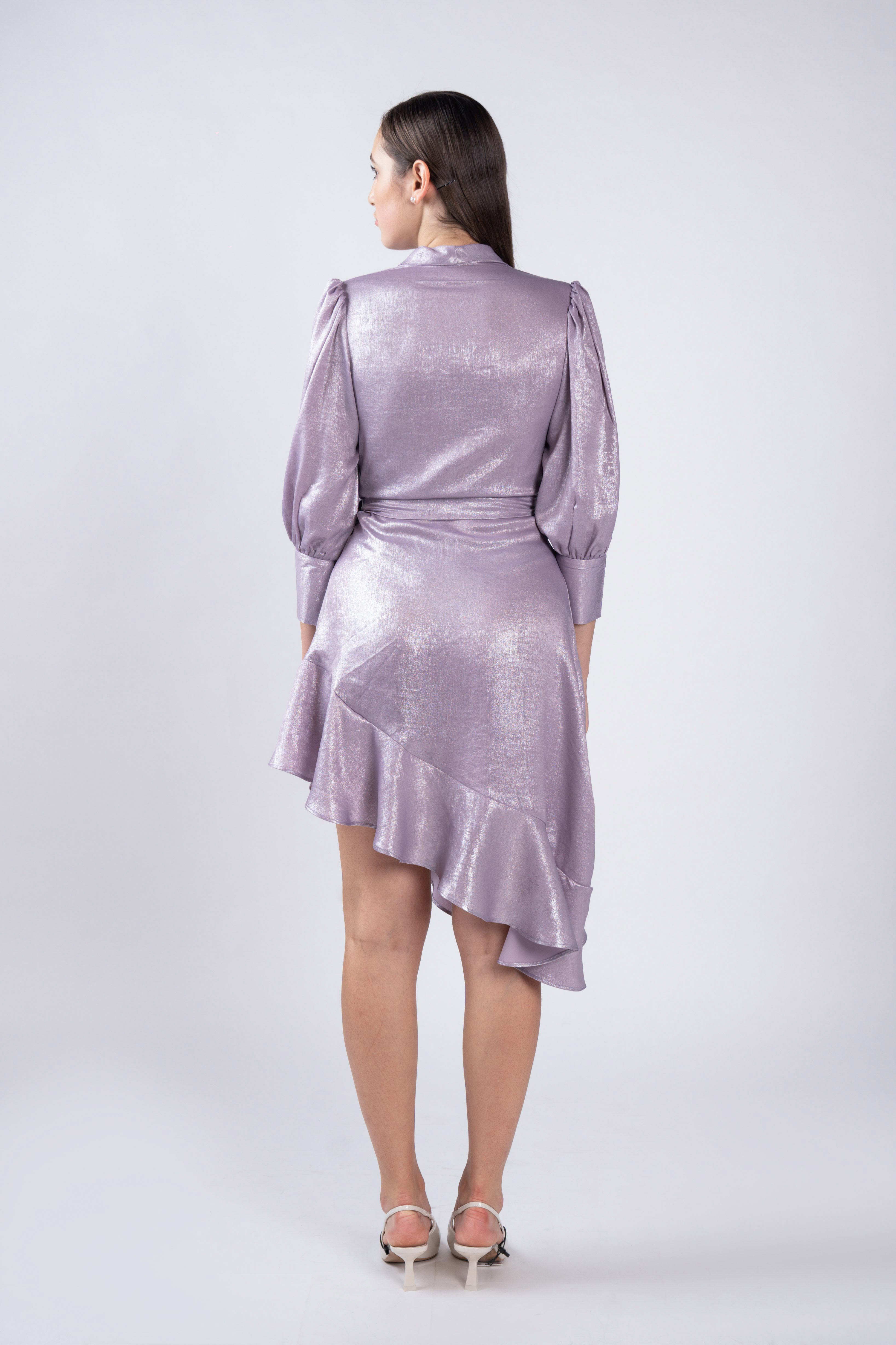 Lavender wrap around lapel collar dress - Back