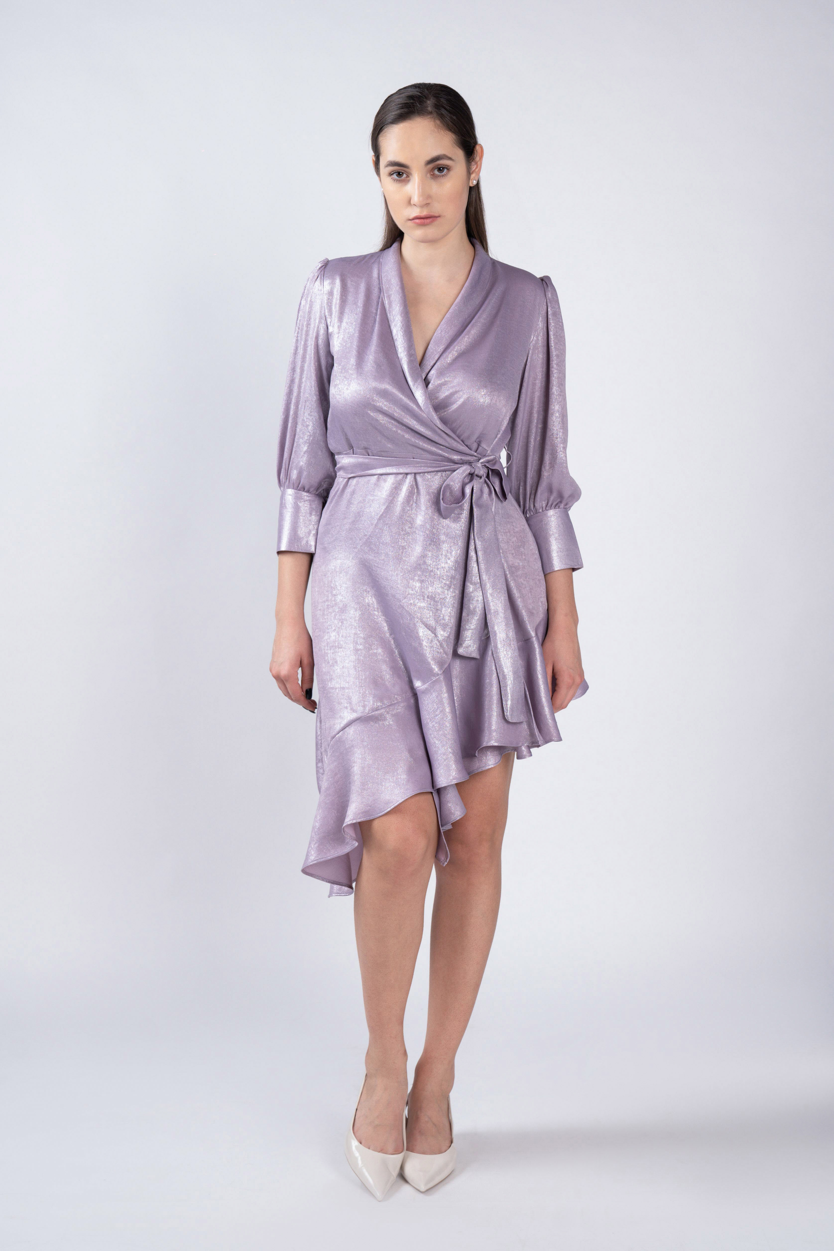 Lavender wrap around lapel collar dress - Front