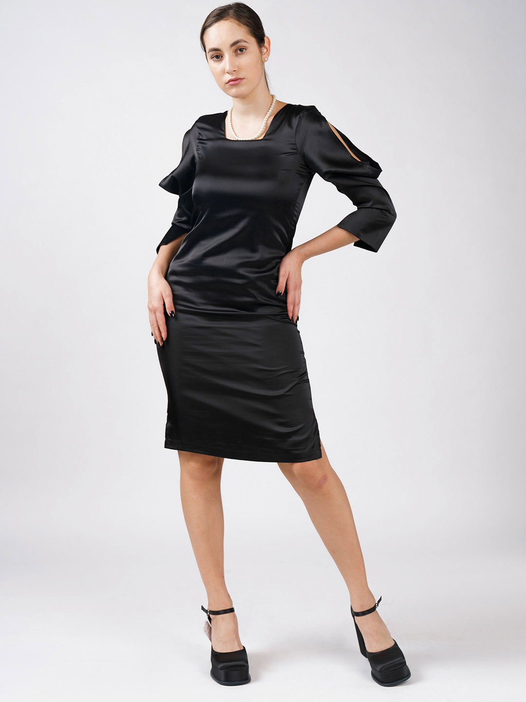 Black mid calf dress with cowl sleeve - Main