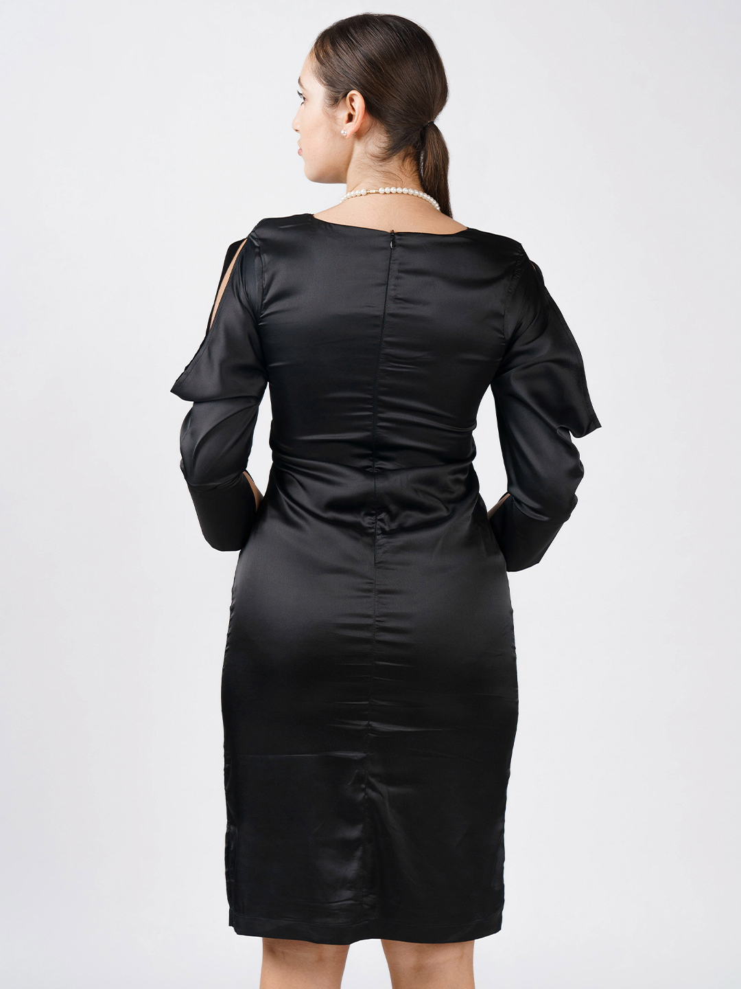 Black mid calf dress with cowl sleeve - Back