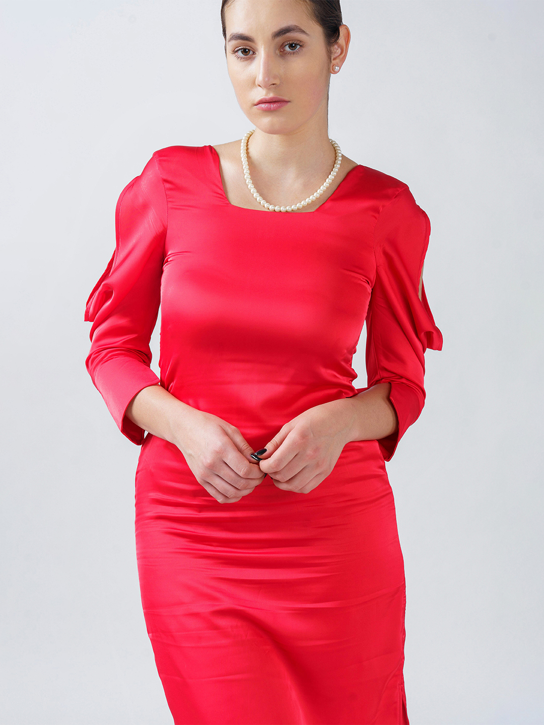 Red  mid calf dress with cowl sleeve -2