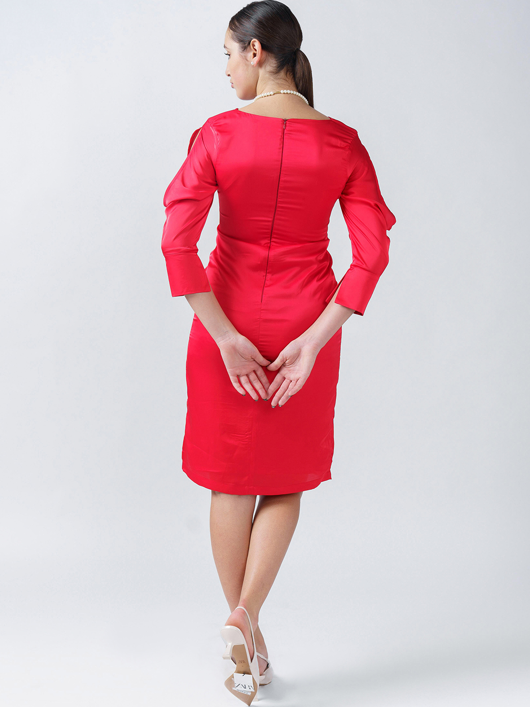 Red  mid calf dress with cowl sleeve -4