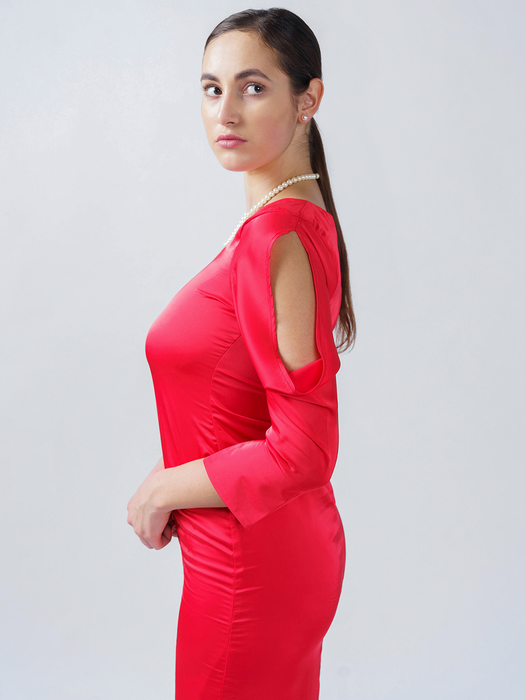 Red  mid calf dress with cowl sleeve -3