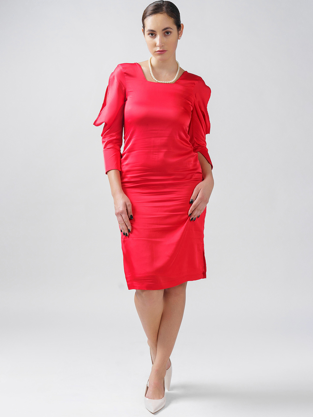 Red  mid calf dress with cowl sleeve - Main