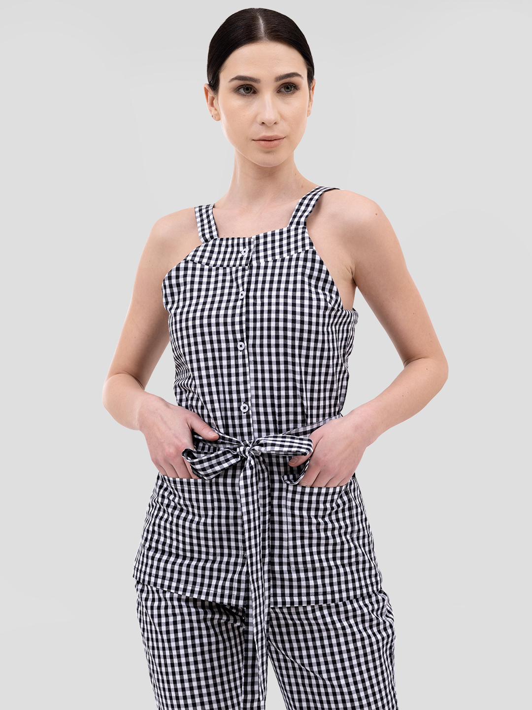 Strappy Black and White Gingham Tie Shirt -2