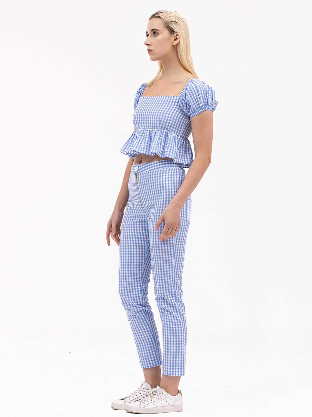 Sky Blue Gingham Checked Tapered Pants -2
