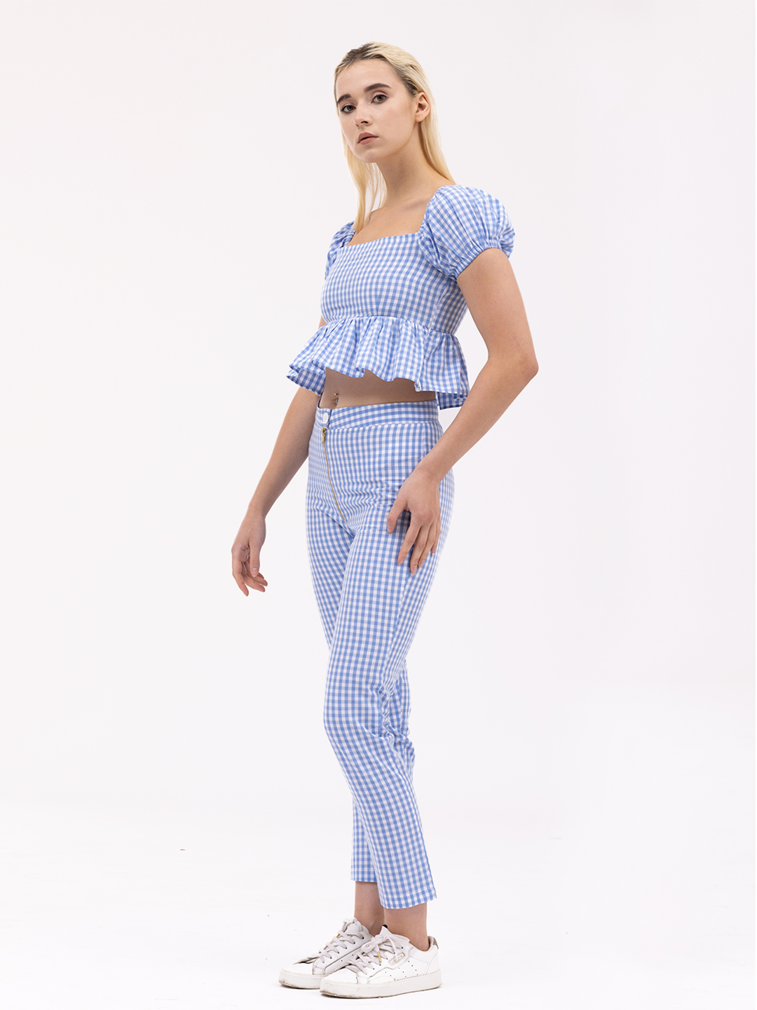 Sky Blue Gingham Checked Tapered Pants -3