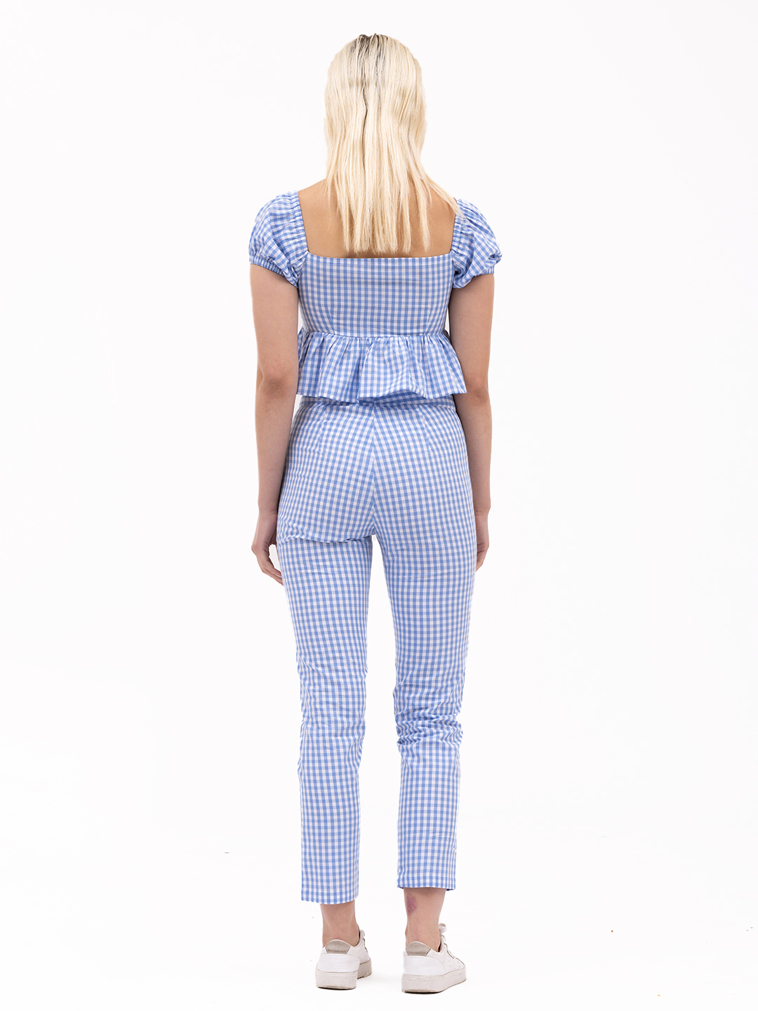 Sky Blue Gingham Checked Tapered Pants -1
