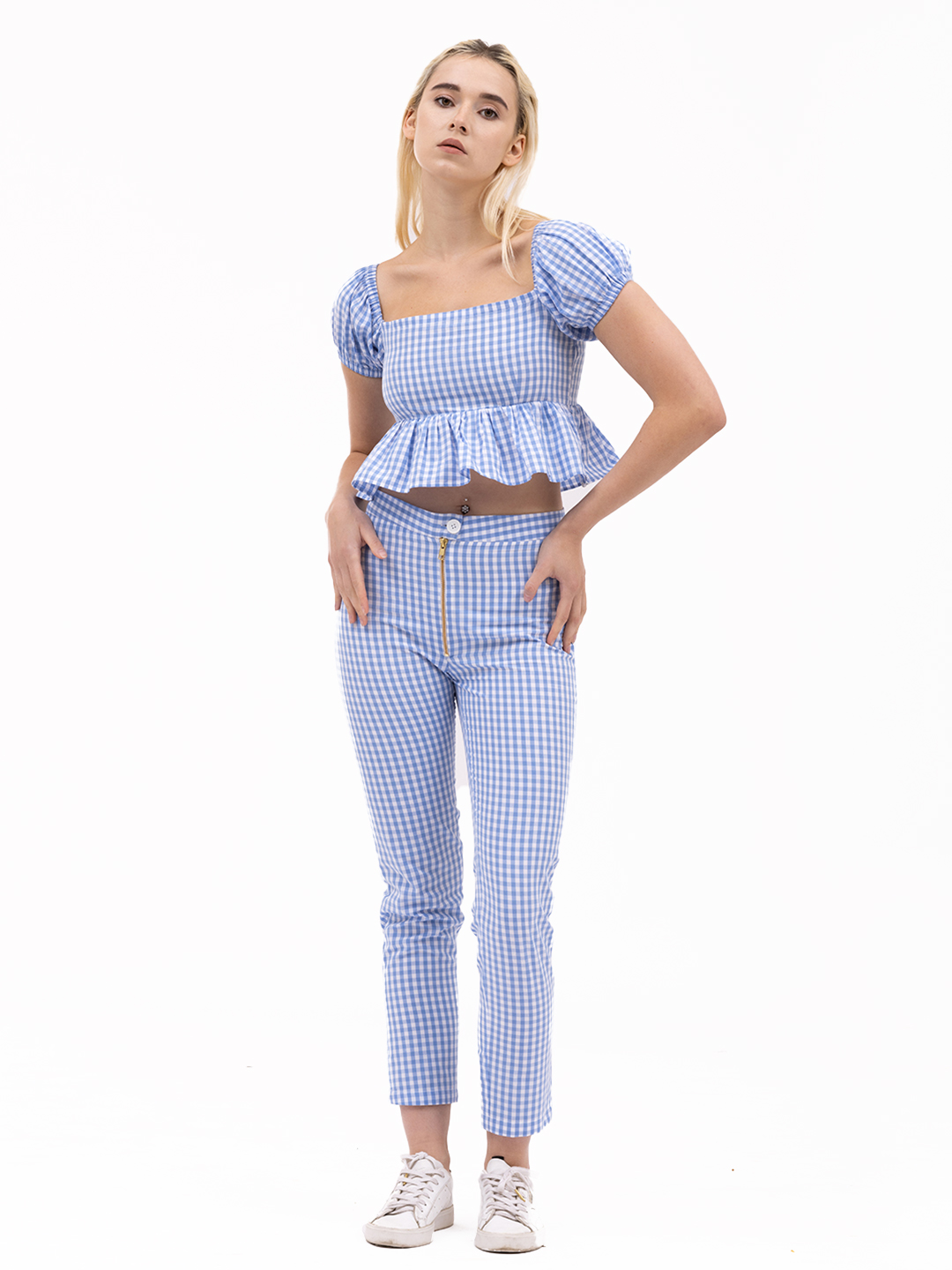 Sky Blue Gingham Checked Tapered Pants -4