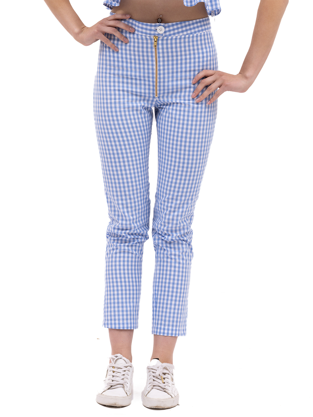 Sky Blue Gingham Checked Tapered Pants -0