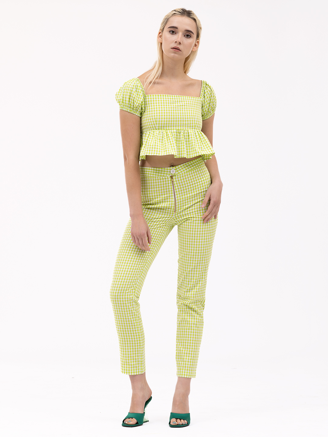 Lime Green Gingham Checked Tapered Pants -2