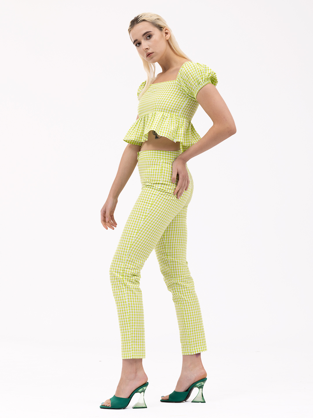 Lime Green Gingham Checked Tapered Pants -1