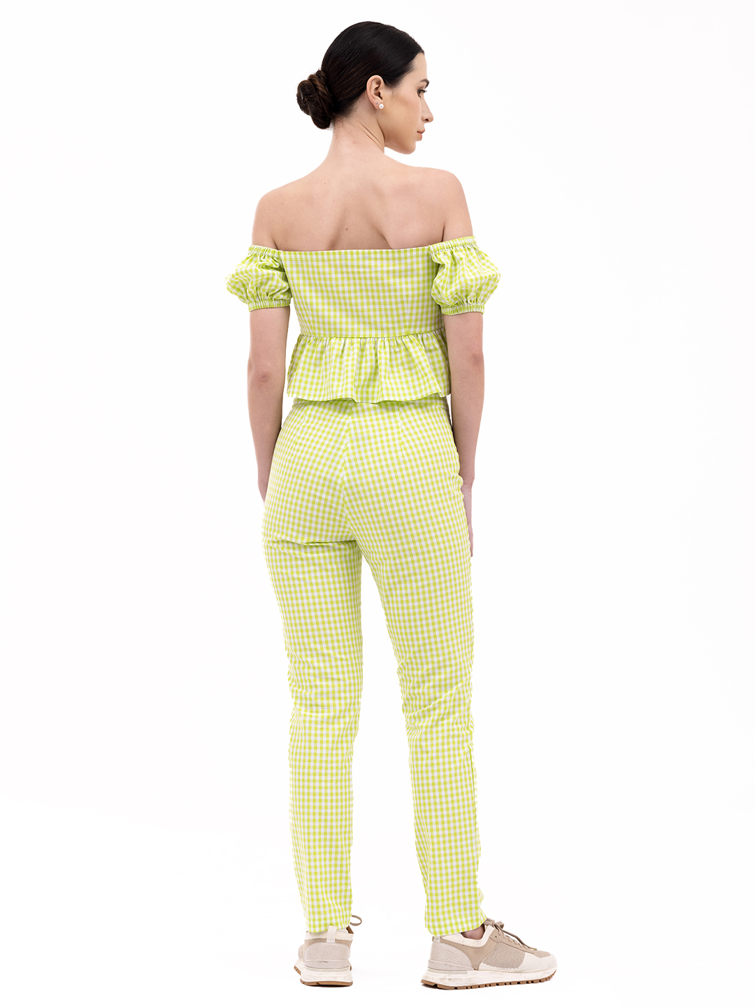 Lime Green Gingham Checked Tapered Pants -3