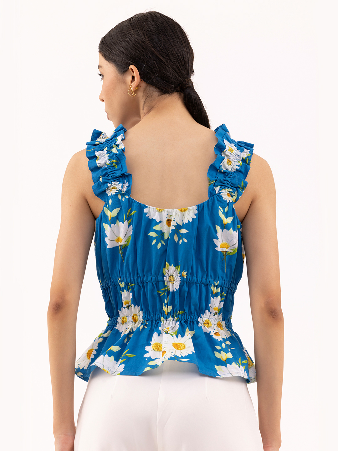 Ruffle It Up With Printed Daisy Peplum Top - Back