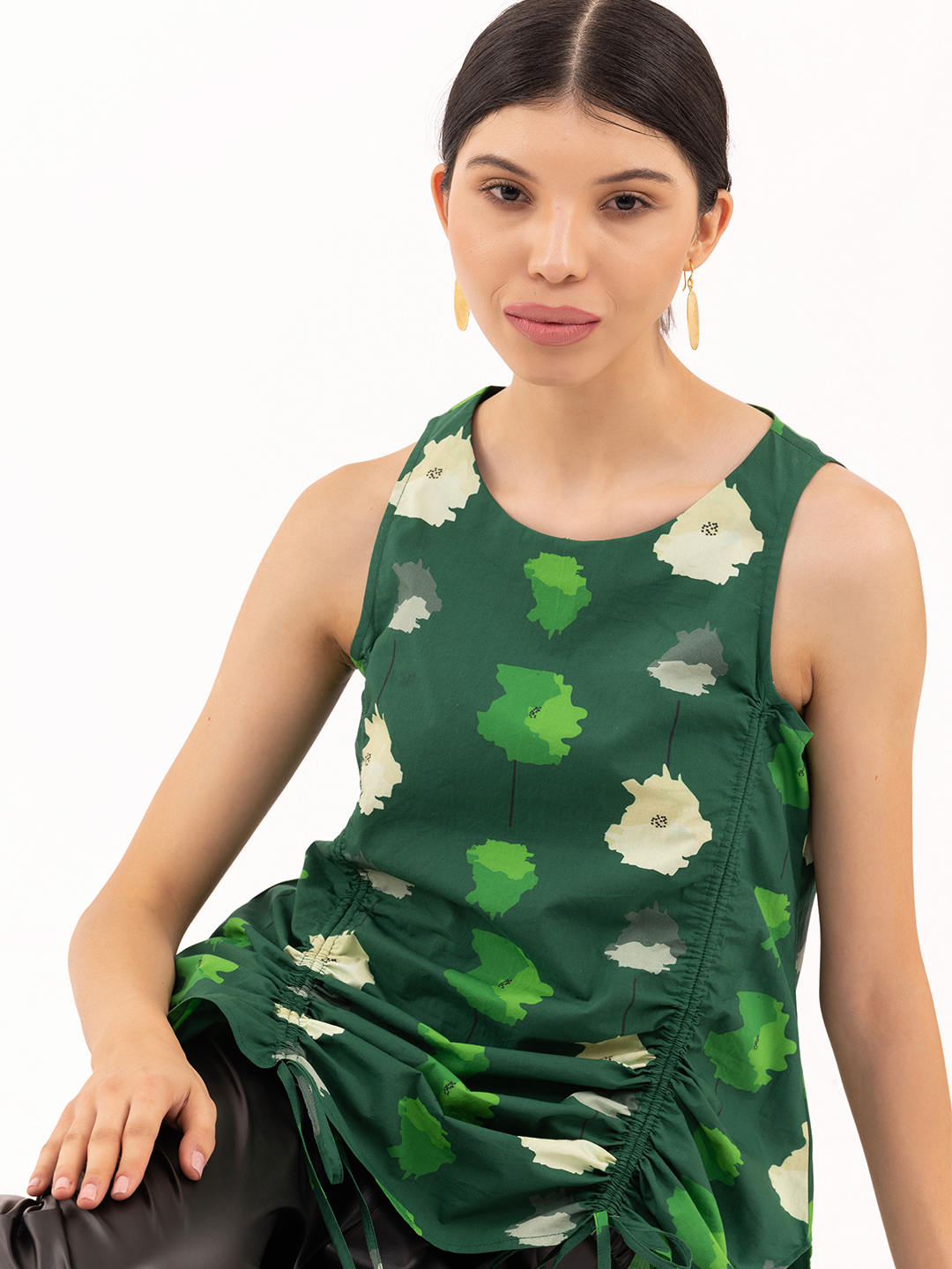 Abstract Floral Print Cowl Cord Top -0