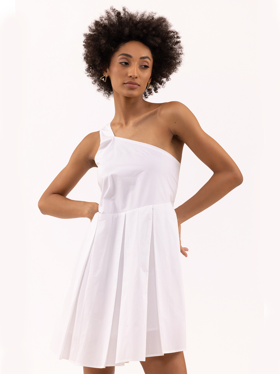 White Pleated One Shoulder Dress -1