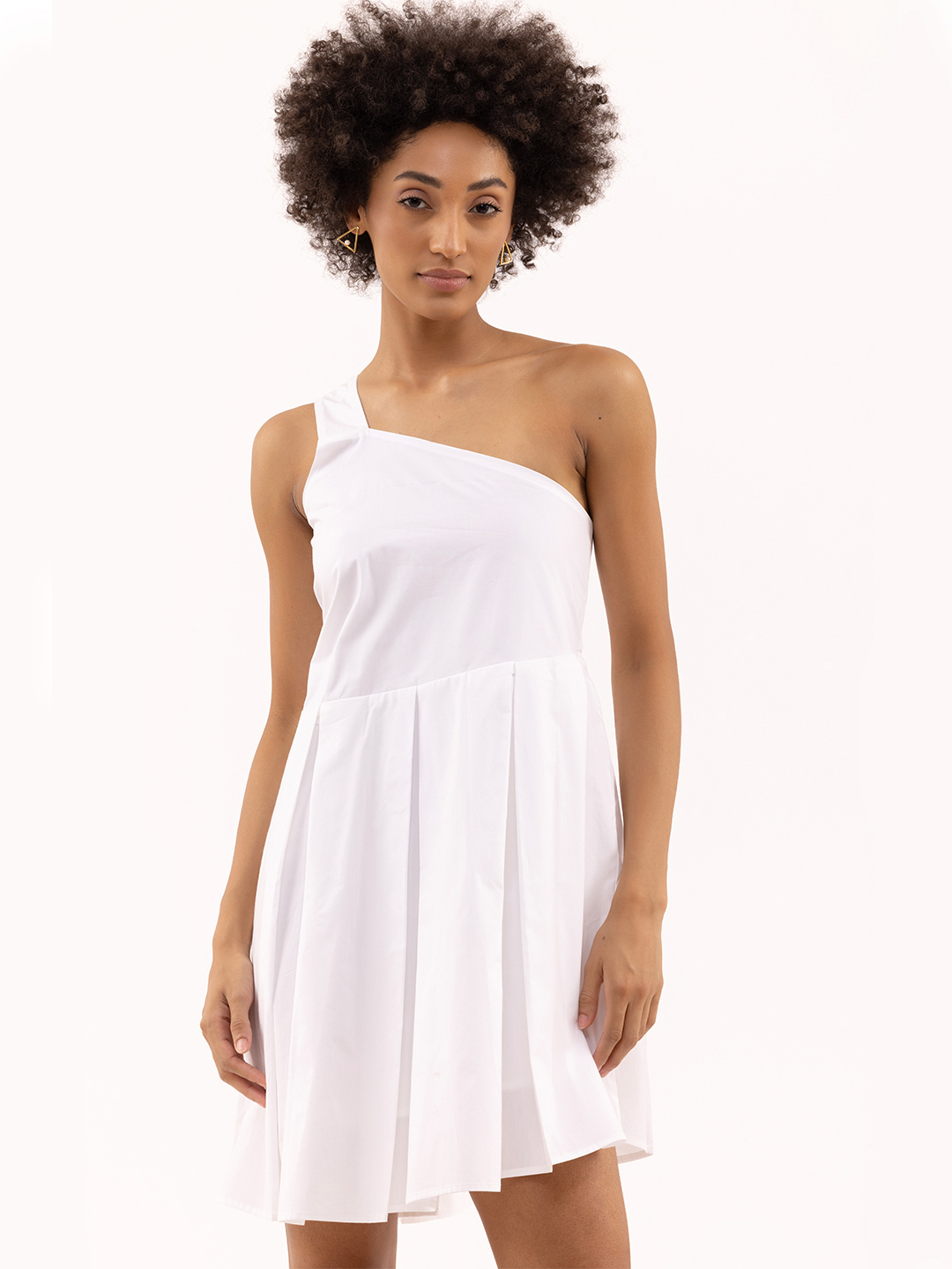 White Pleated One Shoulder Dress - Main