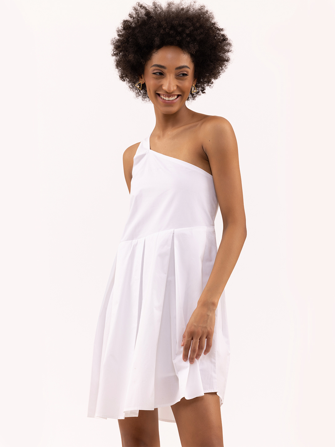 White Pleated One Shoulder Dress -2