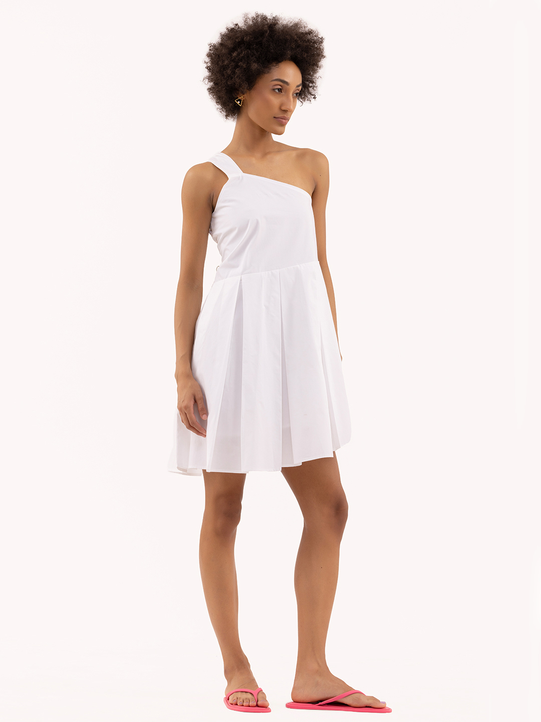 White Pleated One Shoulder Dress -4