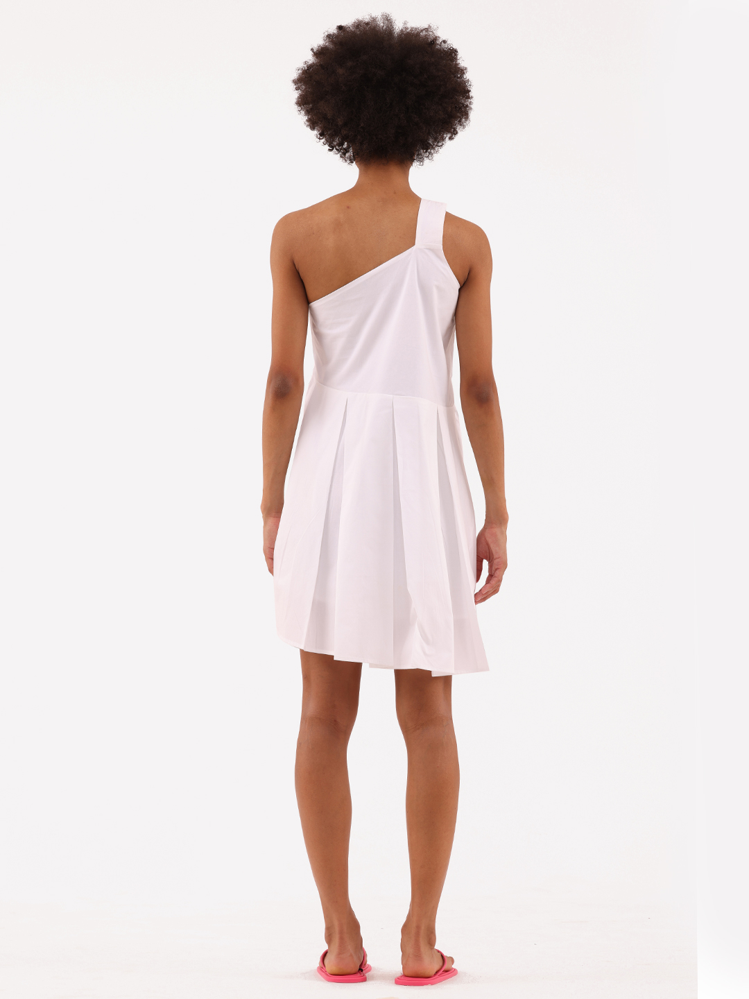 White Pleated One Shoulder Dress - Back