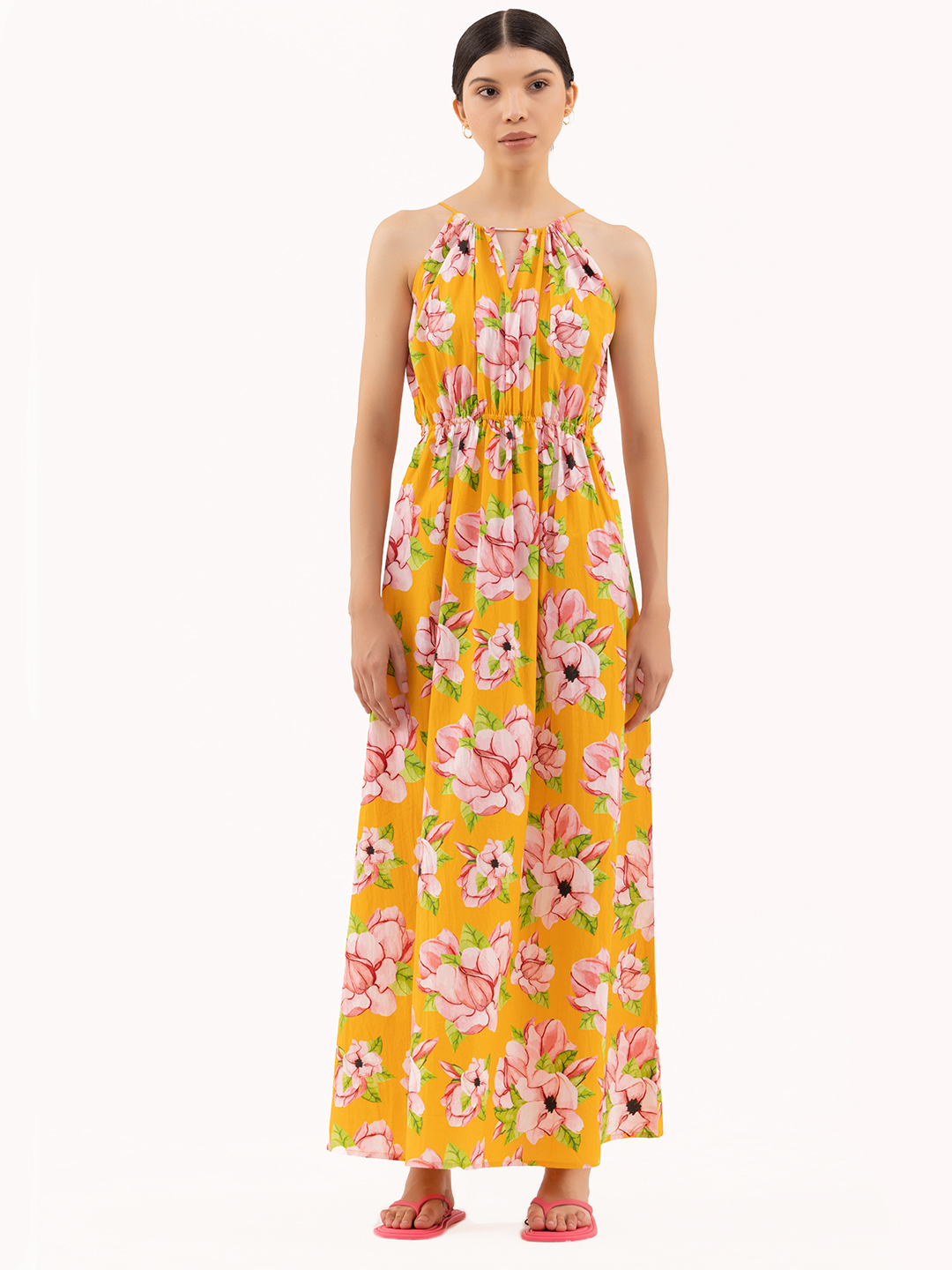 Stunning Blooming Poppy Drawstring Halter Maxi Dress -1