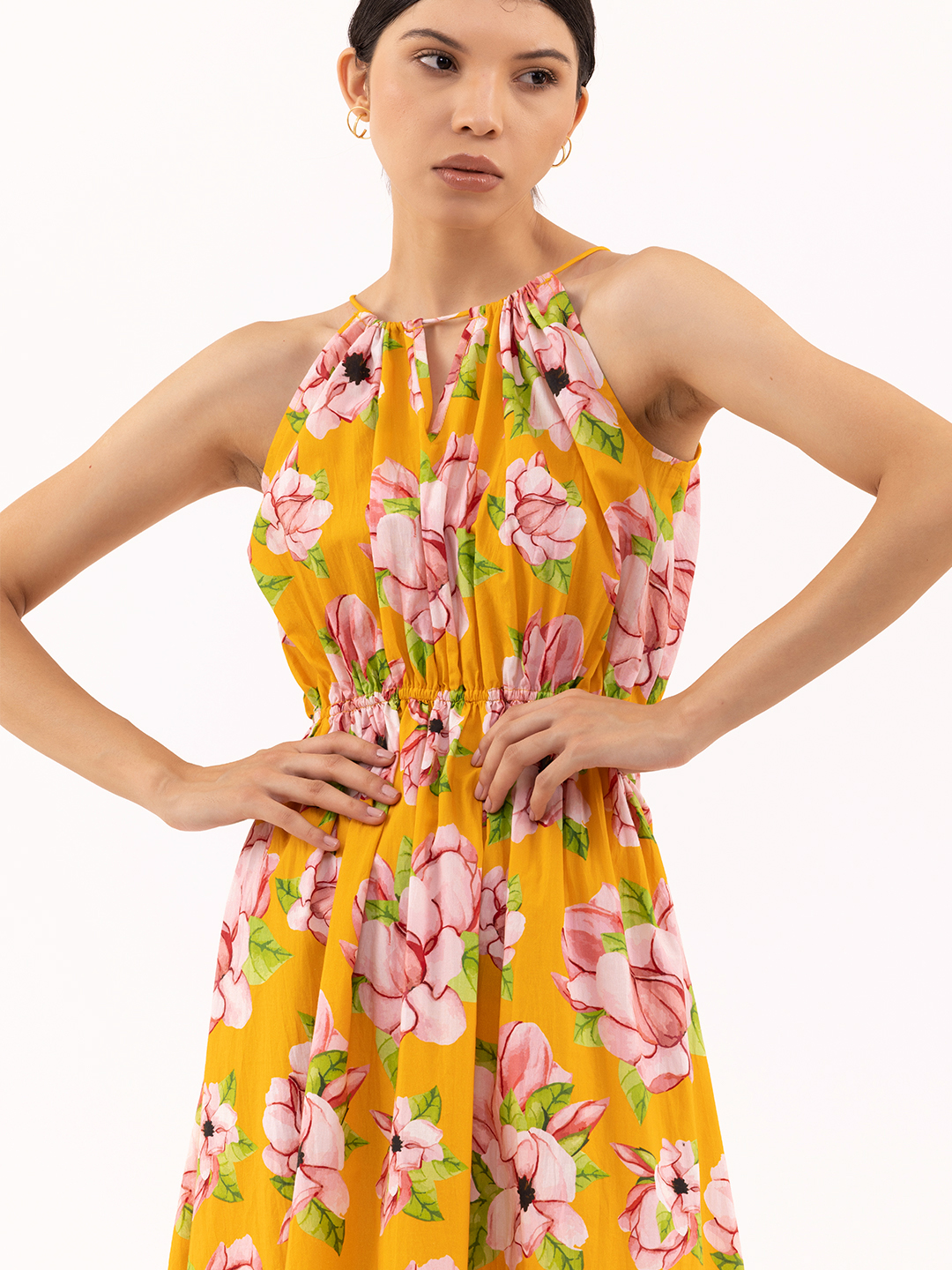 Stunning Blooming Poppy Drawstring Halter Maxi Dress -4