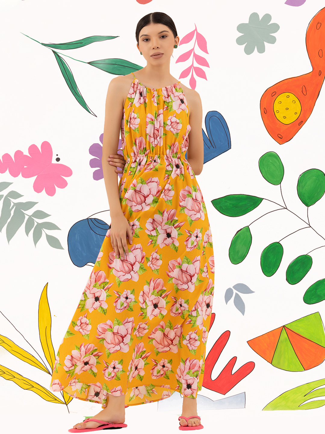 Stunning Blooming Poppy Drawstring Halter Maxi Dress - Front