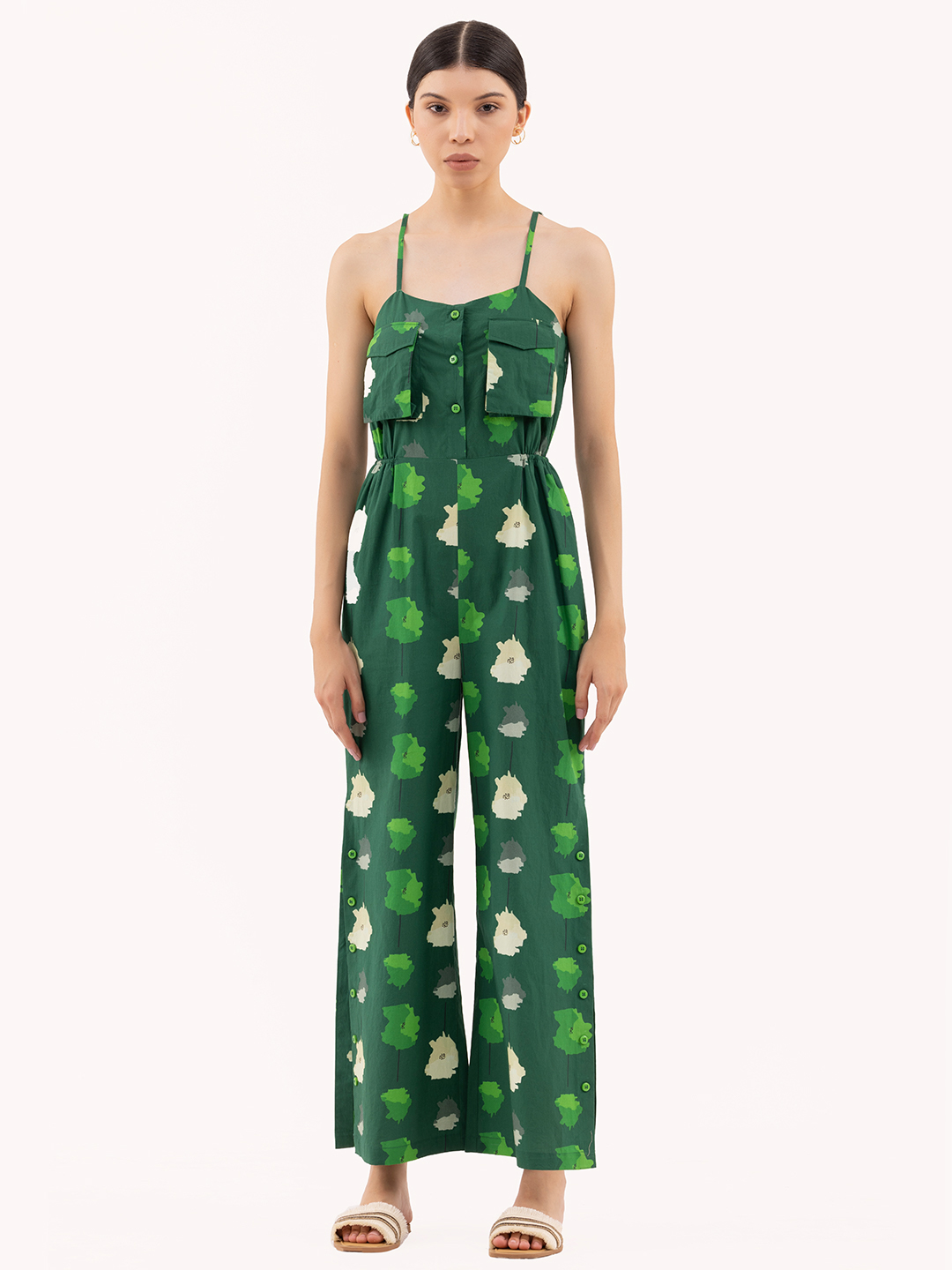 Forest Green Abstract  Print Wide-Leg Jumpsuit -4