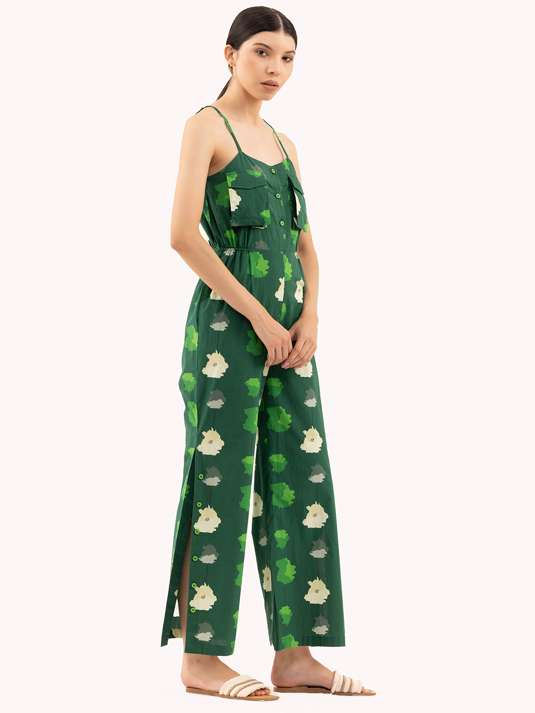Forest Green Abstract  Print Wide-Leg Jumpsuit -3