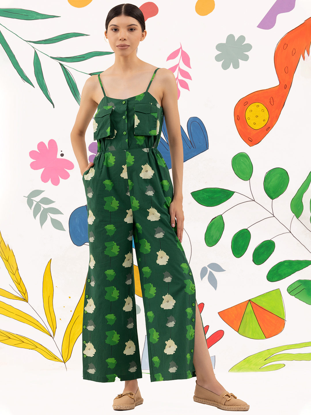 Forest Green Abstract  Print Wide-Leg Jumpsuit -0