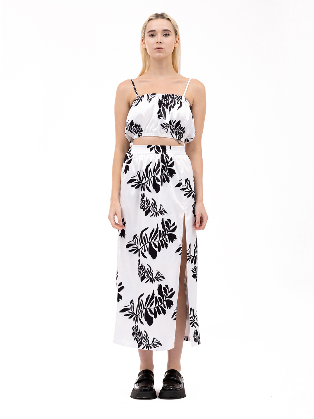 Strappy  Bandeau Crop Top With Floral tropical slit skirt Co-Ord Set -2