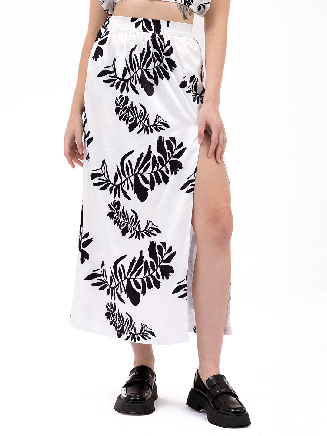 Strappy  Bandeau Crop Top With Floral tropical slit skirt Co-Ord Set -1