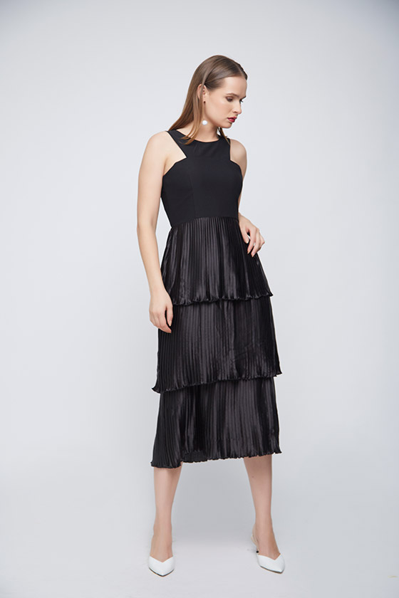 Black Pleated Evening Dress - Front
