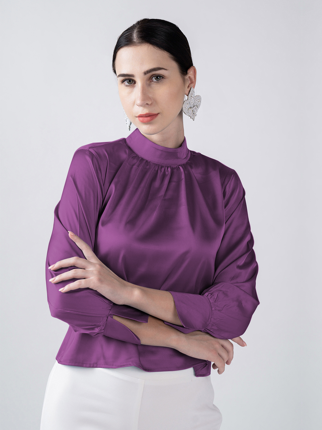 Plum Gathered Collared Top - Front