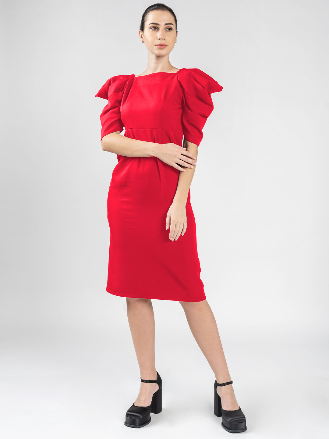 Volume cut Straight Red Dress - Front