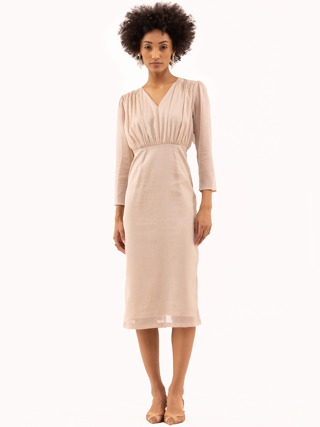Gathered Fitted Calf Length Dress Beige - Main