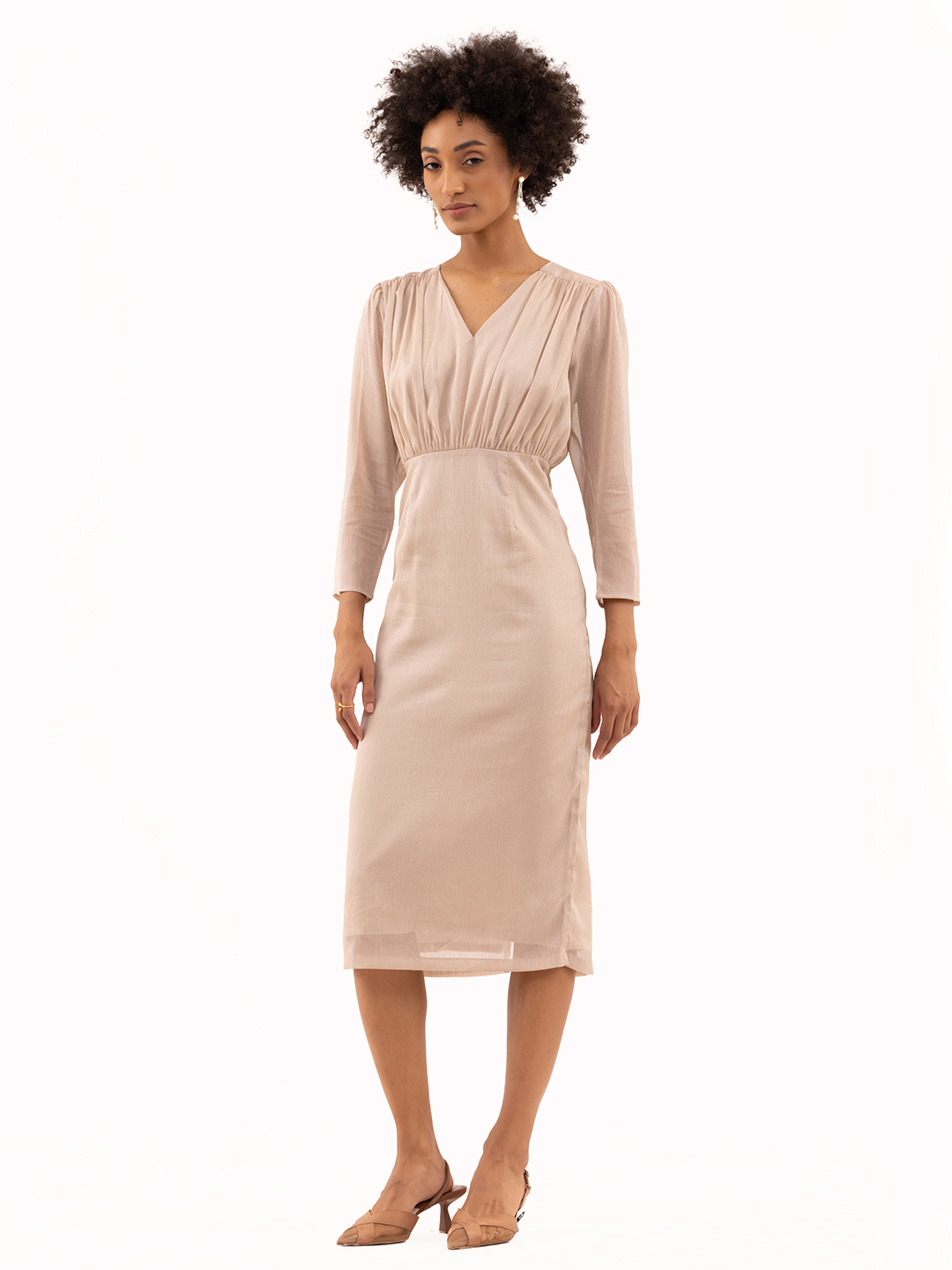 Gathered Fitted Calf Length Dress Beige -2