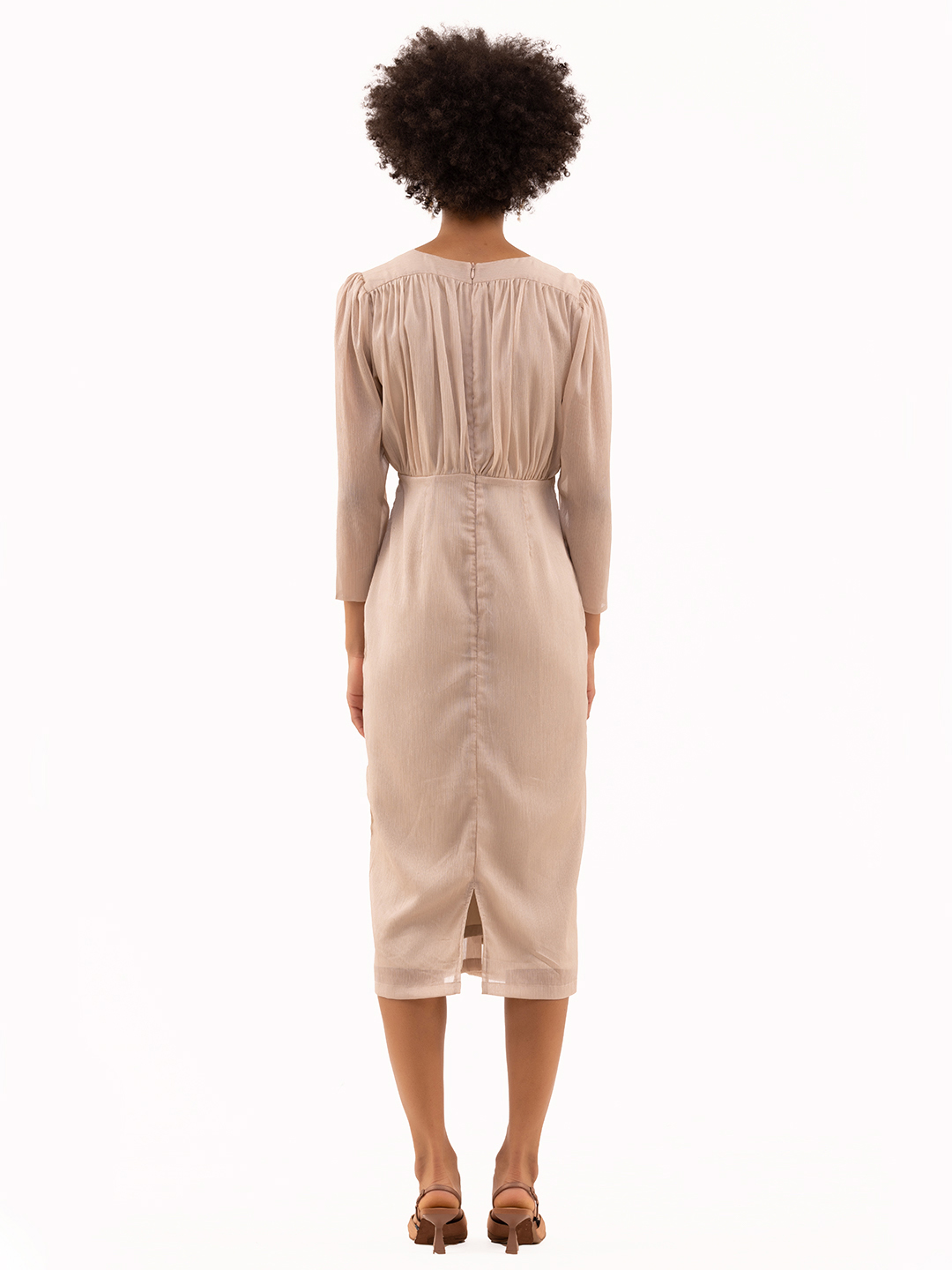 Gathered Fitted Calf Length Dress Beige -5